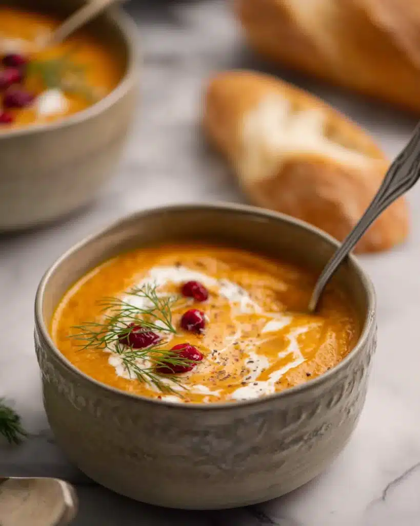 Spiced Carrot and Sweet Potato Soup 3 Creamy spiced carrot and sweet potato soup with cream swirl, dill, and cranberries