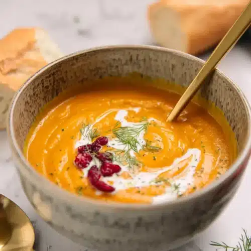 Spiced Carrot and Sweet Potato Soup 4 Creamy spiced carrot and sweet potato soup with cream swirl and herbs in a rustic bowl