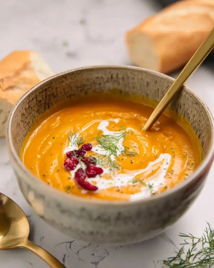Spiced Carrot and Sweet Potato Soup 1 Creamy spiced carrot and sweet potato soup with cream swirl and herbs in a rustic bowl