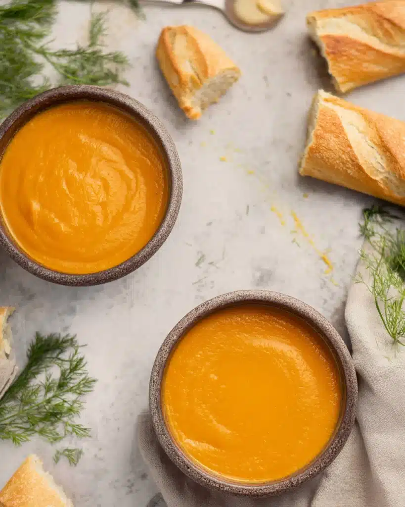 Spiced Carrot and Sweet Potato Soup 2 Smooth spiced carrot and sweet potato soup in bowls with bread and dill
