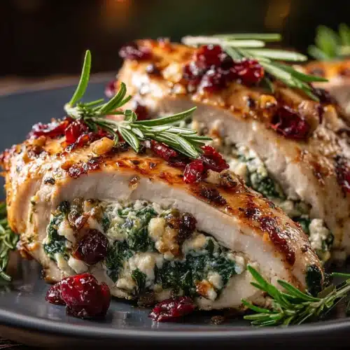 Juicy Spinach & Cranberry Stuffed Chicken and rosemary garnish
