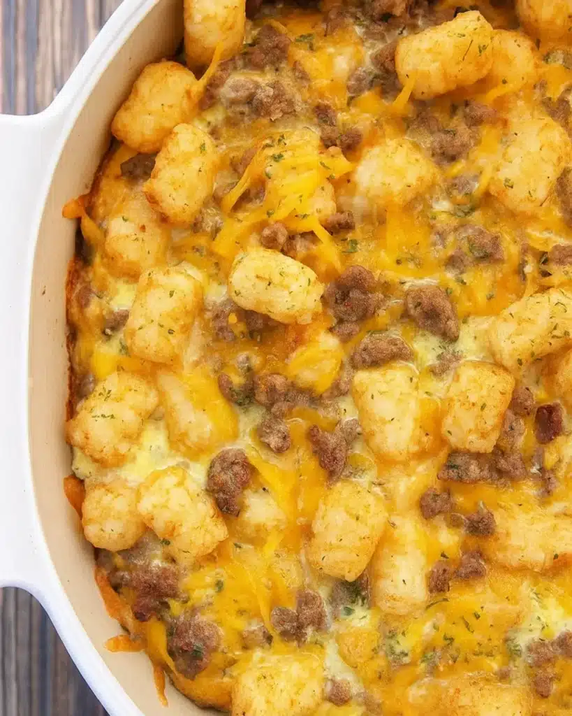Tater Tot Sausage Breakfast Casserole – The Ultimate Comfort Breakfast 2 Tater Tot Sausage Breakfast Casserole in a white baking dish with melted cheese
