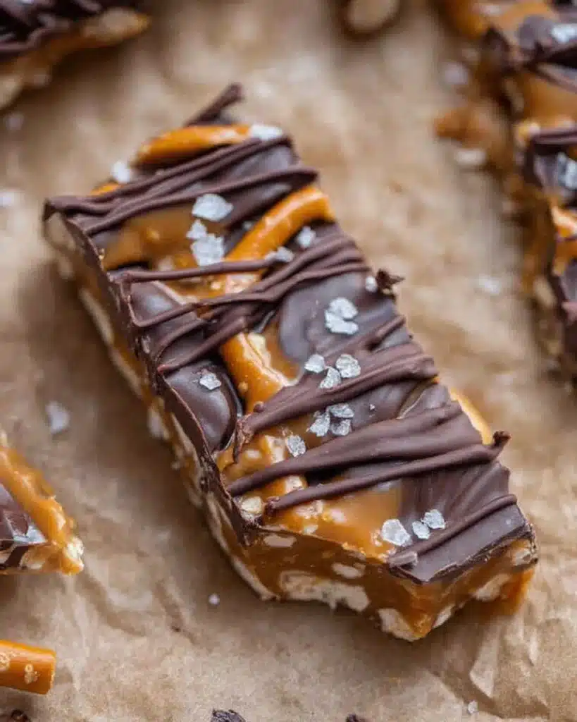 Close-up of cut salted caramel pretzel bark with chocolate drizzle and sea salt