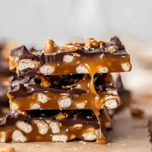 Stack of The Best Salted Caramel Pretzel Bark