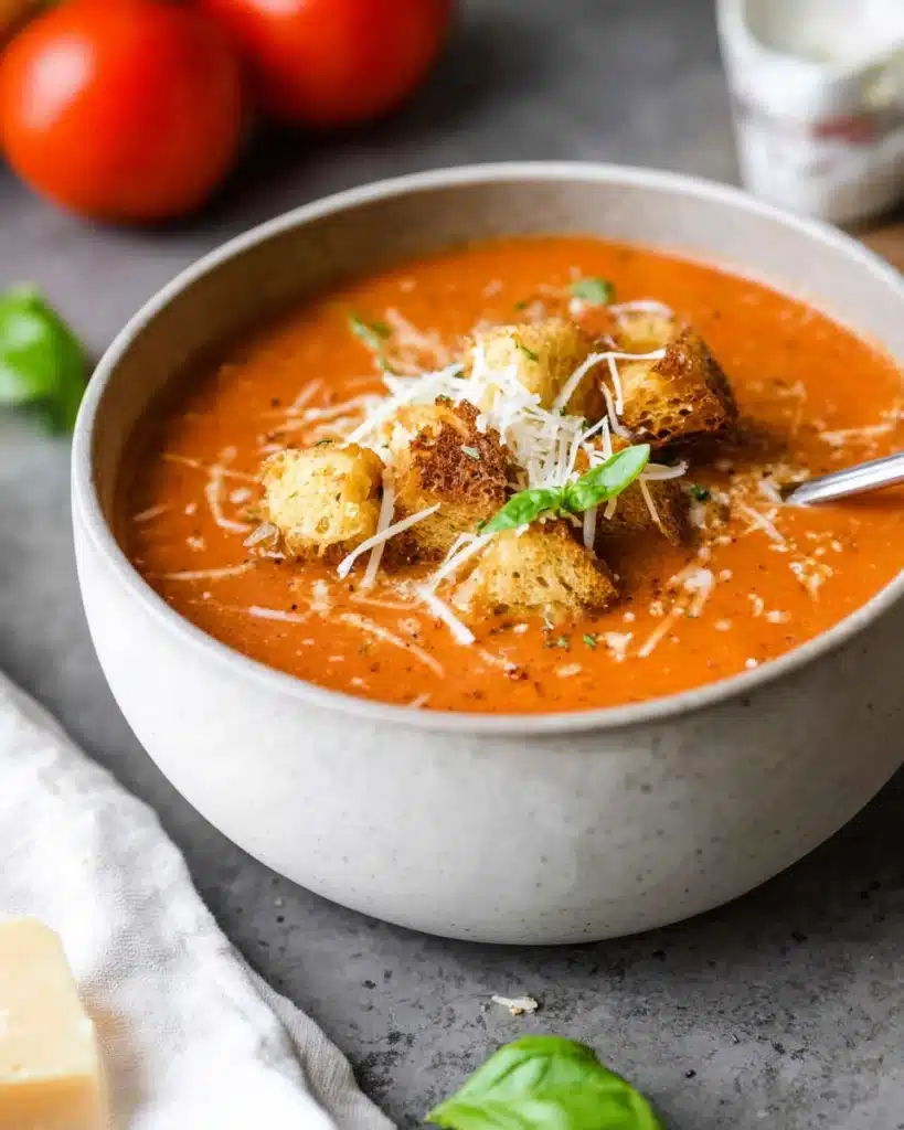 Creamy tomato basil soup topped with croutons and parmesan