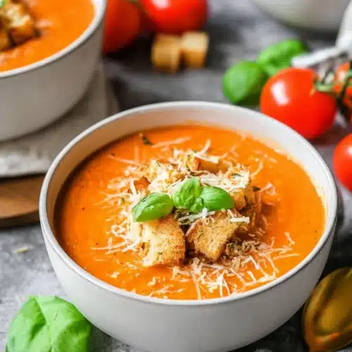 Creamy tomato basil soup with croutons and parmesan in a white bowl