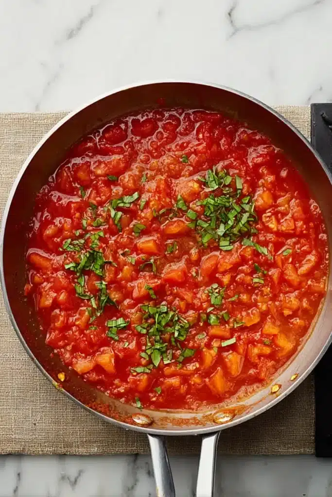 Tomato and garlic sauce simmering in a skillet with basil