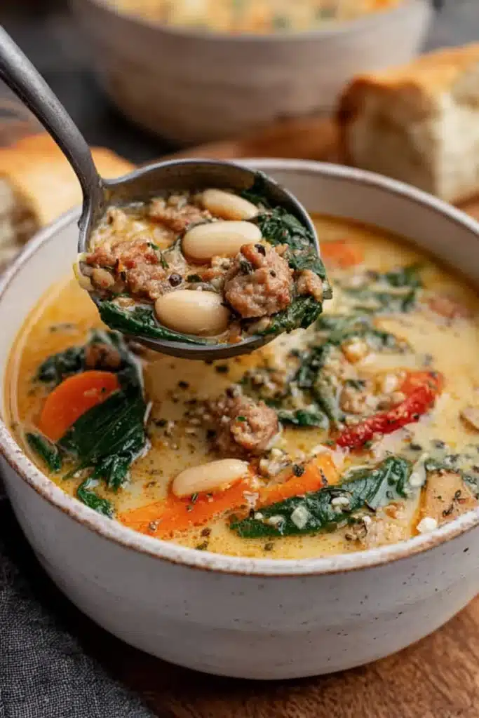 Ladle serving Tuscan white bean soup with sausage, carrots, and spinach