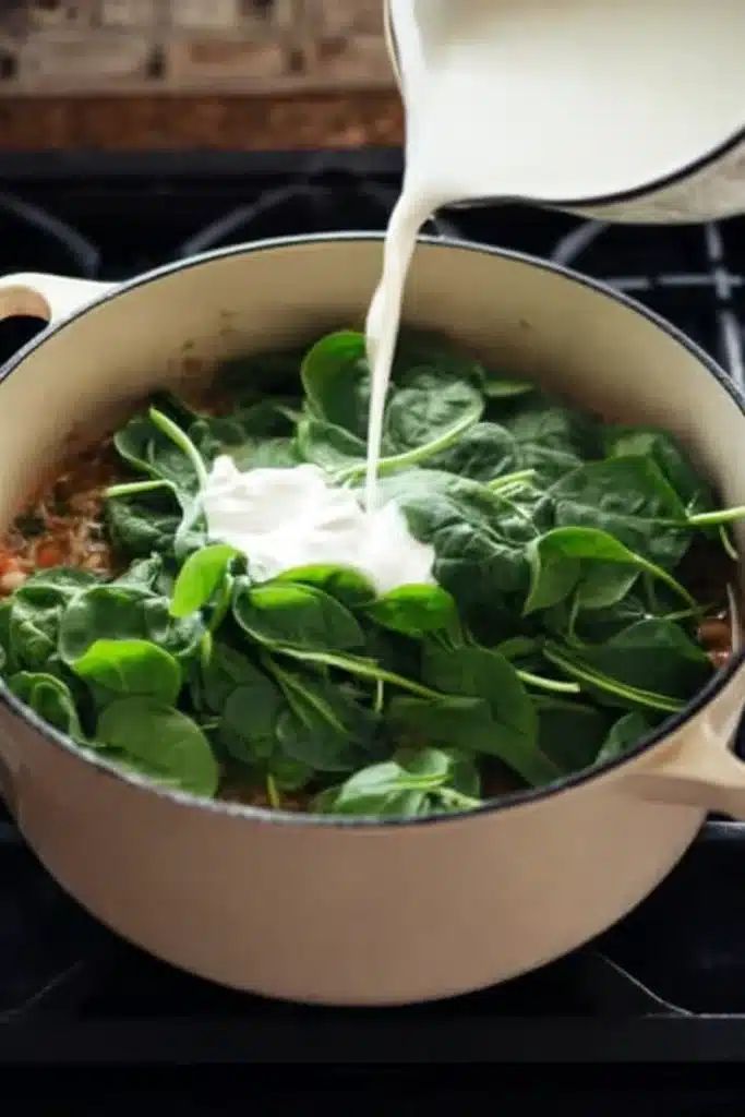 Pouring cream over spinach in Tuscan white bean soup
