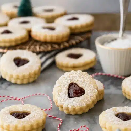 Linzer cookies with heart-shaped jam centers dusted with powdered sugar on a wooden surface