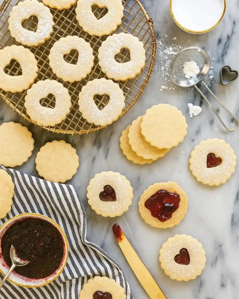 Linzer cookies being filled with jam and dusted with powdered sugar on a marble surface