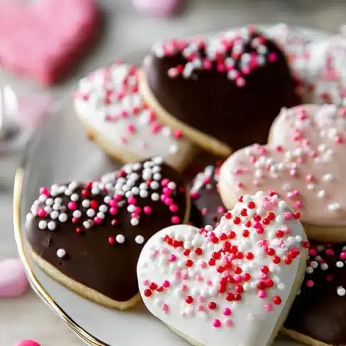 Heart-shaped Valentine cookies with chocolate and white icing topped with pink sprinkles