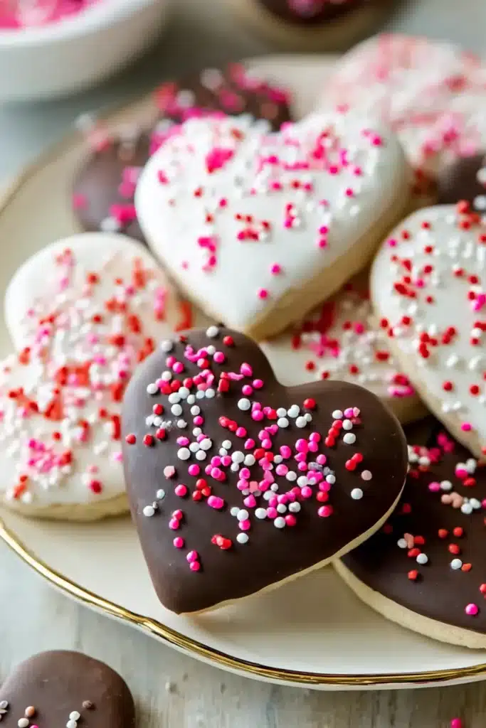 Heart-shaped Valentine cookies dipped in chocolate and white icing with colorful sprinkles
