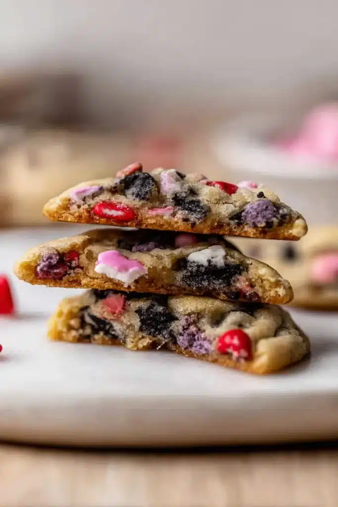 Broken Valentines Day Oreo mms cookies stacked on white marble plate