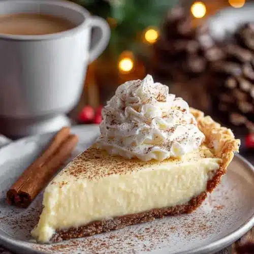 Vanilla Custard Pie – A Creamy Christmas Classic 3 Creamy vanilla custard pie slice with whipped cream and cinnamon on a festive table