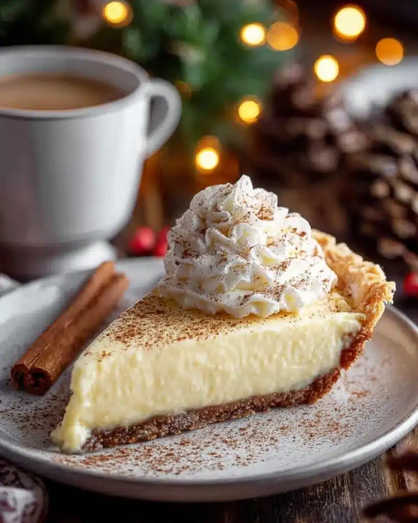 Vanilla Custard Pie – A Creamy Christmas Classic 1 Creamy vanilla custard pie slice with whipped cream and cinnamon on a festive table