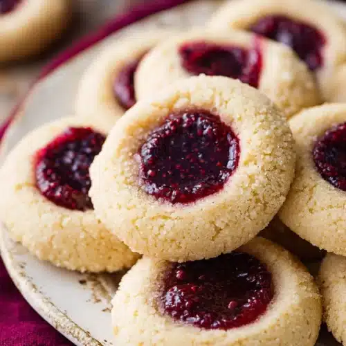 Classic thumbprint cookies with raspberry jam on a white plate