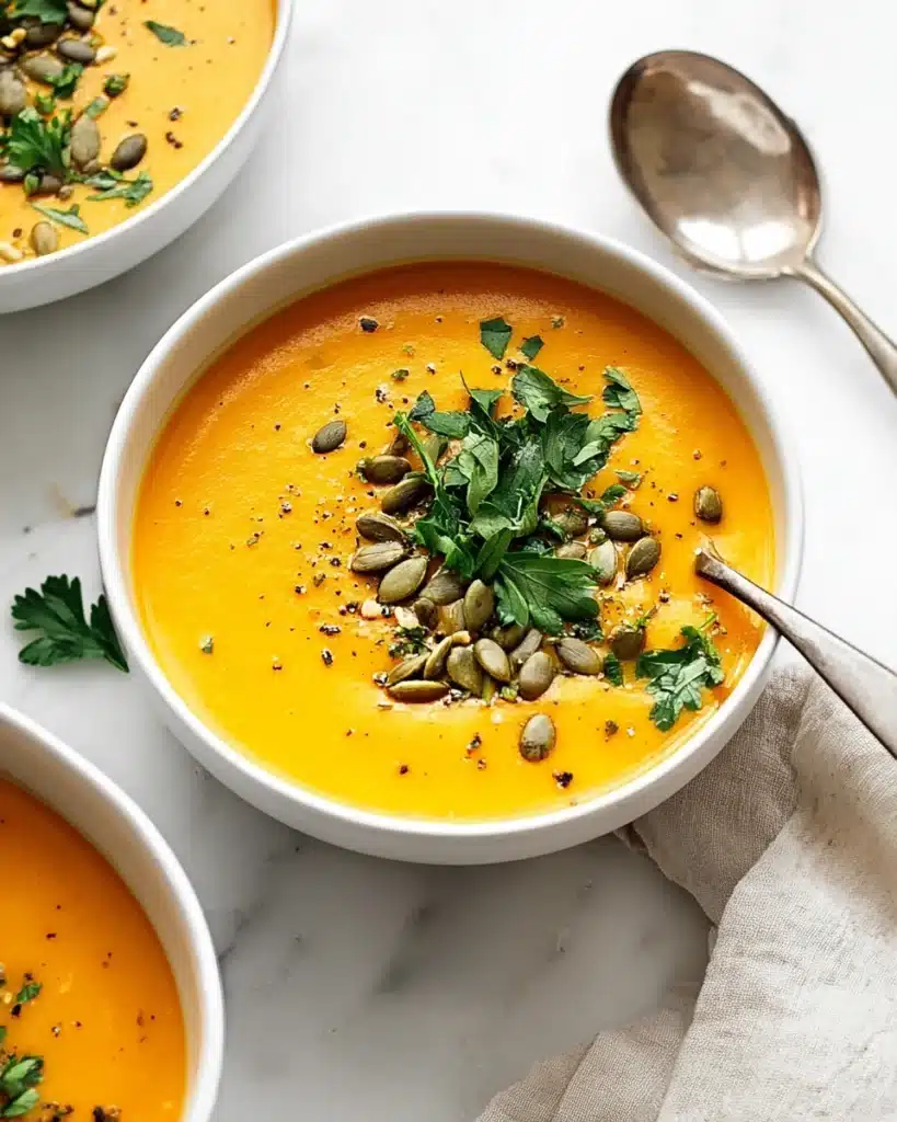 Roasted Butternut Squash Soup 4 Bowl of creamy roasted butternut squash soup with parsley and pumpkin seeds