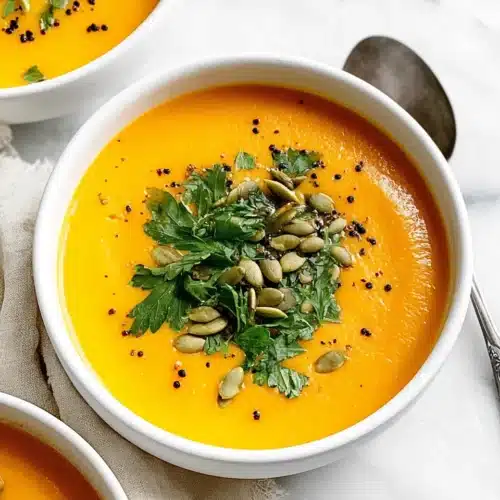 Roasted Butternut Squash Soup 5 Bowl of roasted butternut squash soup with parsley and pumpkin seeds
