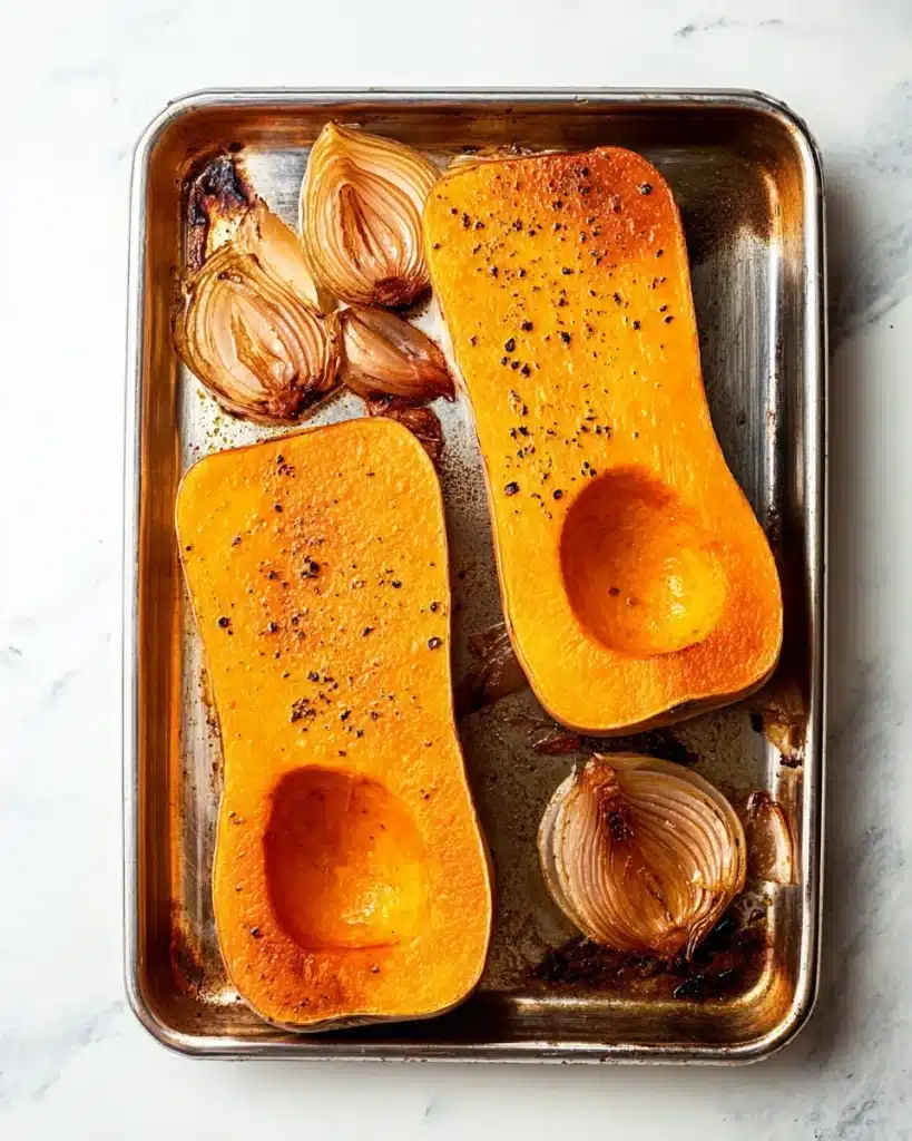 Roasted Butternut Squash Soup 2 Roasted butternut squash and onions on a baking sheet