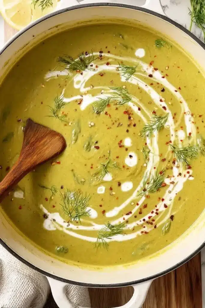 Creamy asparagus soup in pot with dill and cream swirl