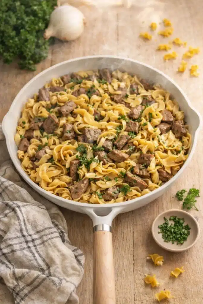 Cooked beef tips and noodles in white skillet with parsley garnish