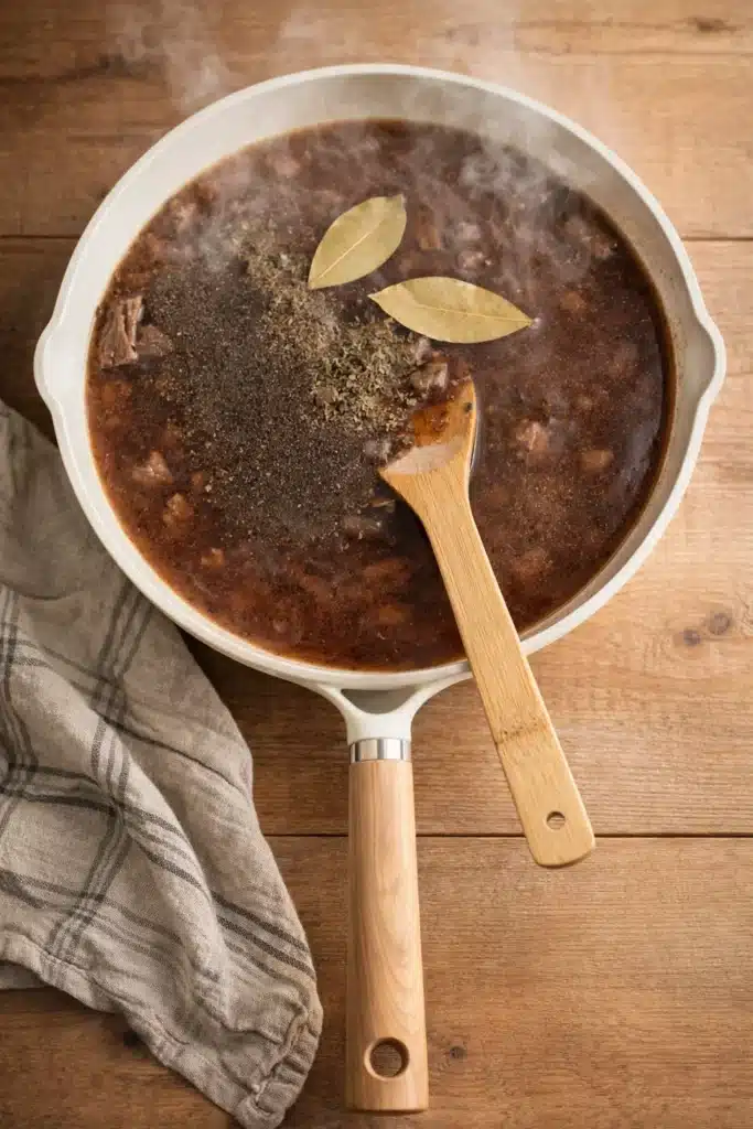 Beef tips simmering in broth with bay leaves and herbs in white skillet