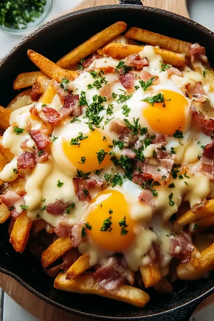 Breakfast Poutine with Hollandaise Sauce (Crispy Hash Browns, Eggs & Rich Gravy)