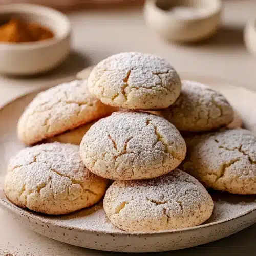 Soft cinnamon cream cheese cookies dusted with powdered sugar on a beige plate