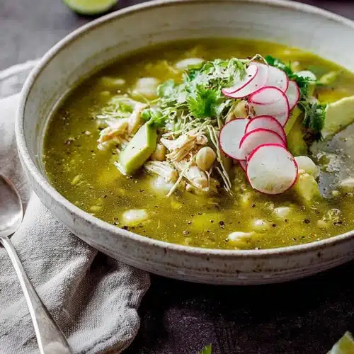 Bowl of Chicken Pozole Verde with avocado, radish, and cilantro