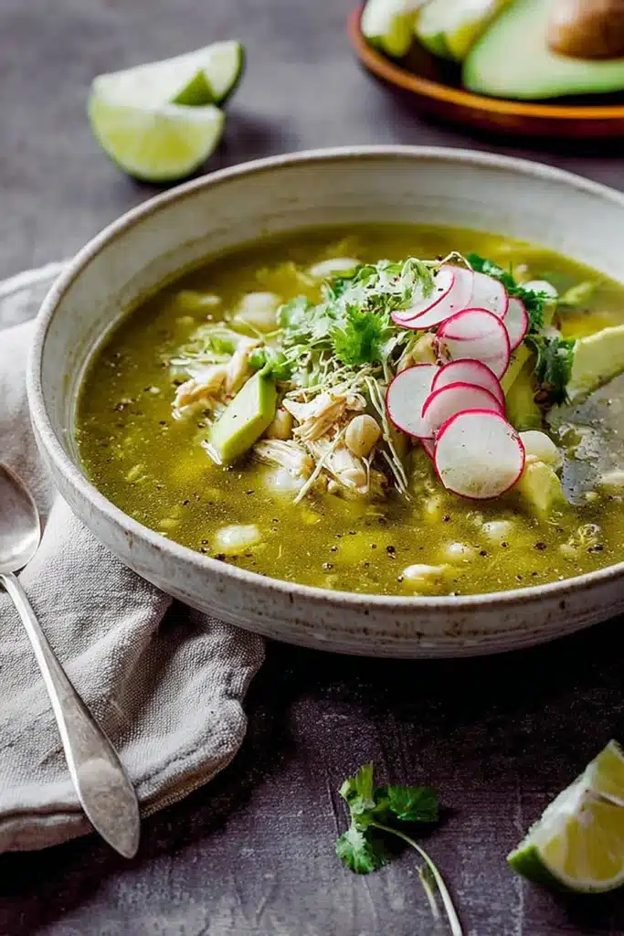 Bowl of Chicken Pozole Verde with avocado, radish, and cilantro