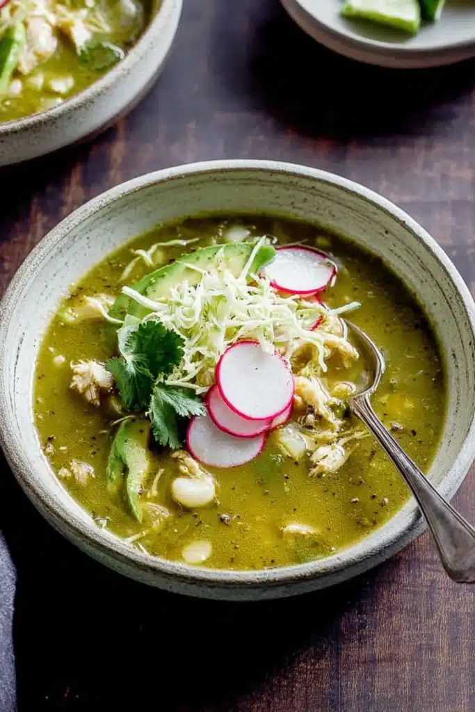 Bowl of Chicken Pozole Verde with avocado, radish, and cabbage toppings