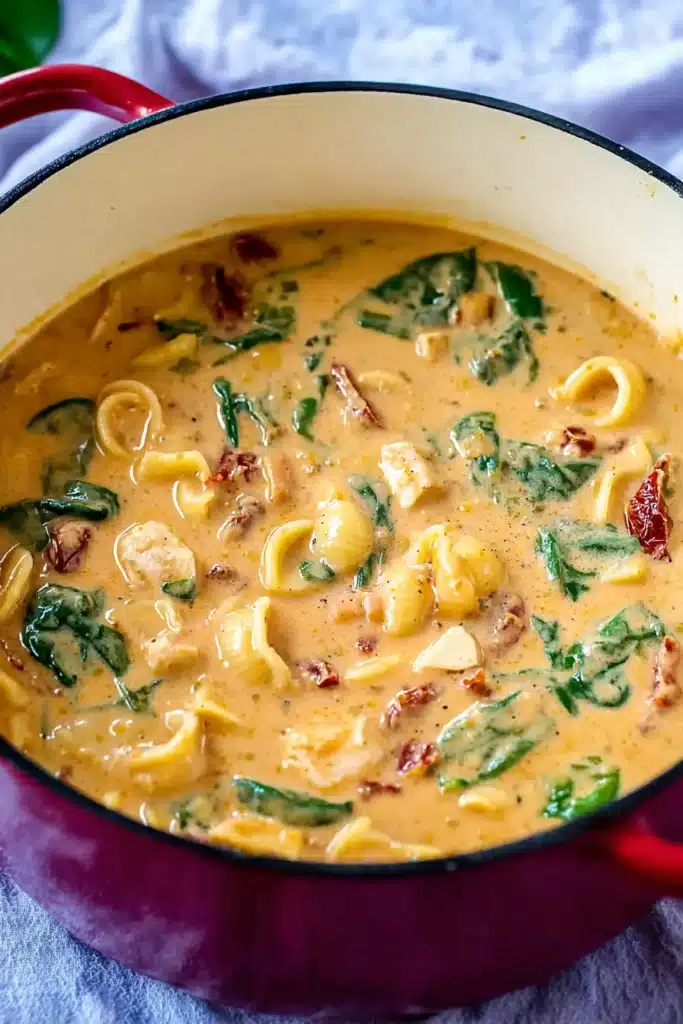 Creamy chicken soup with pasta, spinach, and sundried tomatoes in a red pot