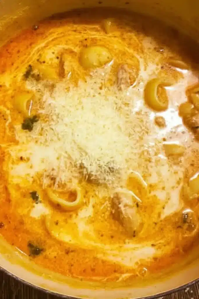 Creamy chicken soup simmering with pasta, cream, and Parmesan cheese