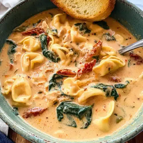 Chicken Soup Recipe with spinach, sundried tomatoes, and toasted bread in a rustic bowl