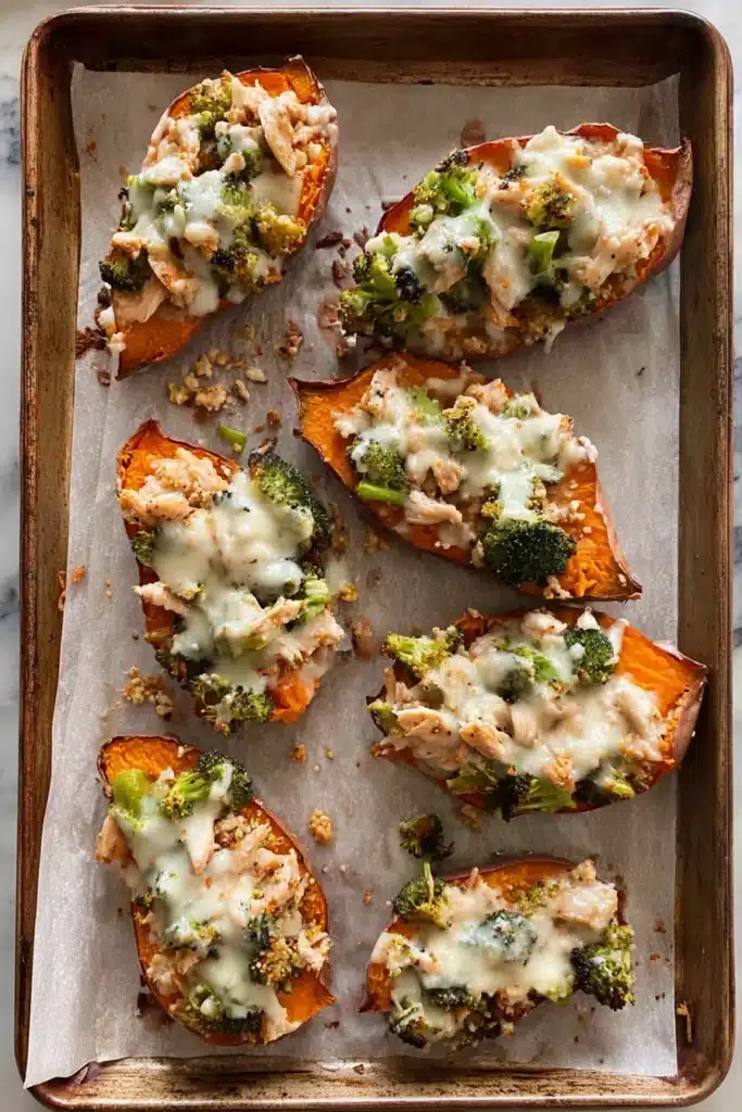 Baking sheet of chicken and broccoli stuffed sweet potatoes with melted cheese