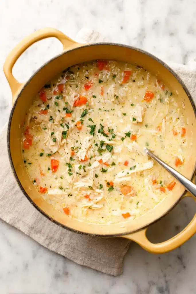 Creamy chicken and rice soup simmering in a yellow Dutch oven with ladle