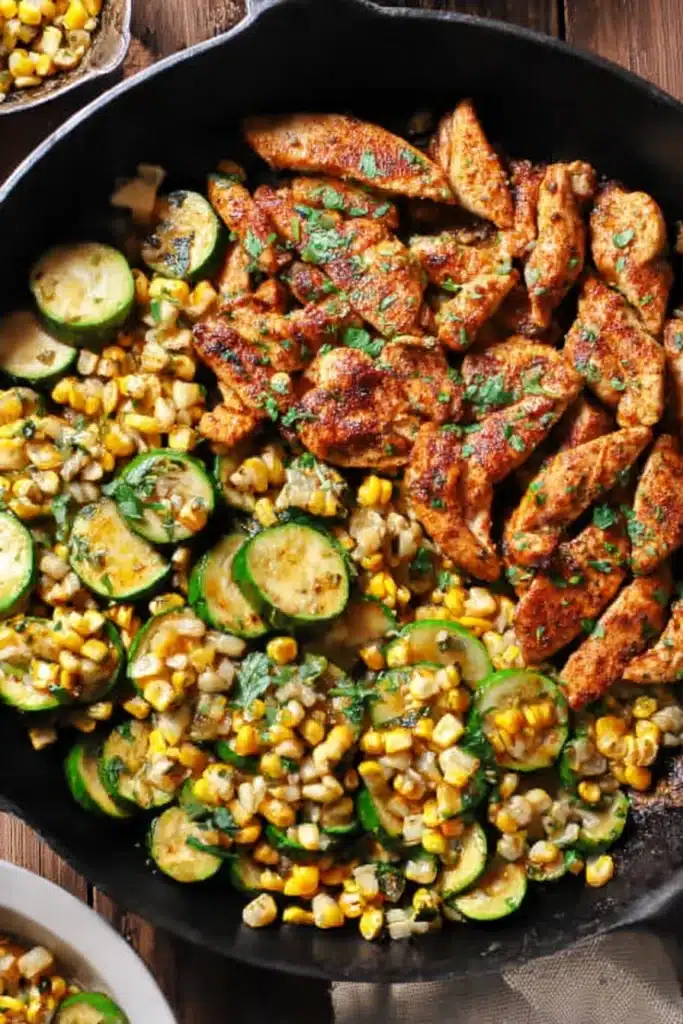 Chicken with zucchini and corn in a cast iron skillet topped with herbs