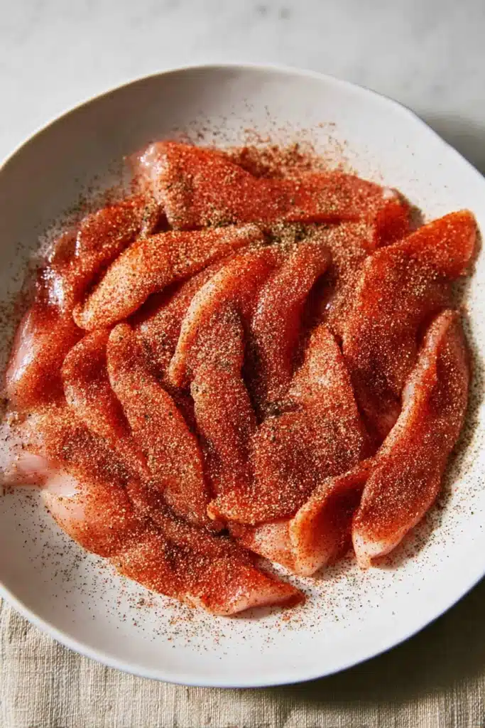 Chicken breast strips coated with paprika, chili, and black pepper seasoning