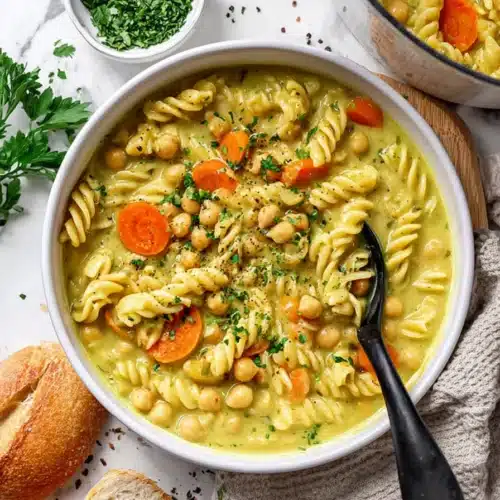 Creamy chickpea noodle soup with rotini pasta and carrots in a white bowl