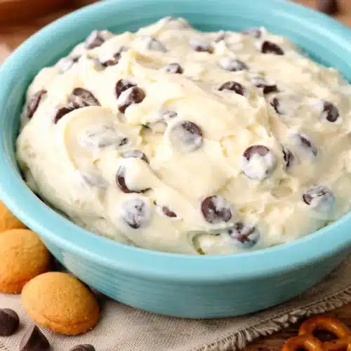 Creamy chocolate chip dip in turquoise bowl with rich texture
