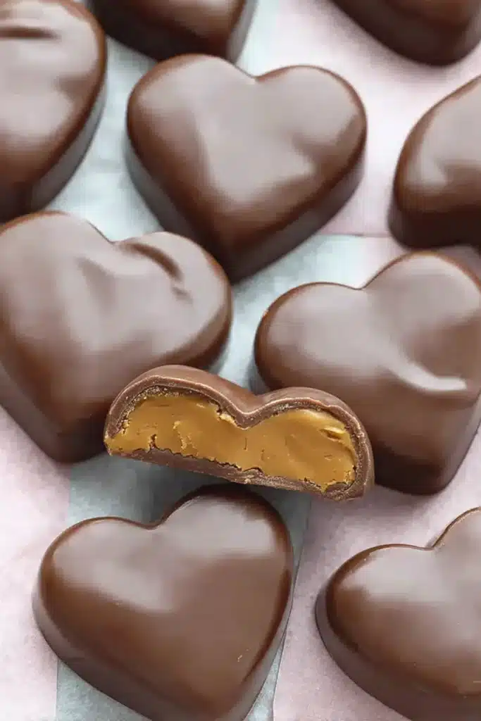 Glossy heart-shaped chocolate peanut butter candies on parchment