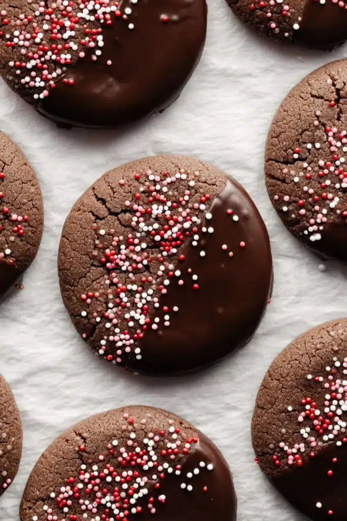Chocolate sugar cookies dipped in chocolate with red and pink sprinkles