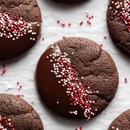 Chocolate sugar cookies dipped in dark chocolate with red and white sprinkles