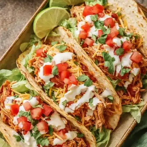 Classic crockpot chicken tacos served with fresh toppings and lime wedges