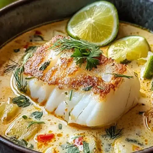 Coconut Lime Fish Soup Recipe with seared white fish in creamy broth and herbs
