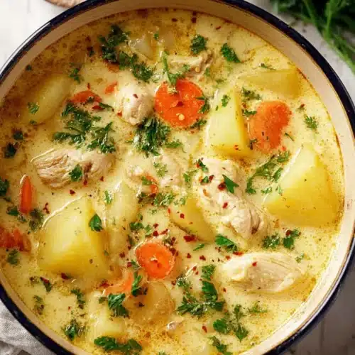 Creamy chicken soup with potatoes and carrots in a white pot