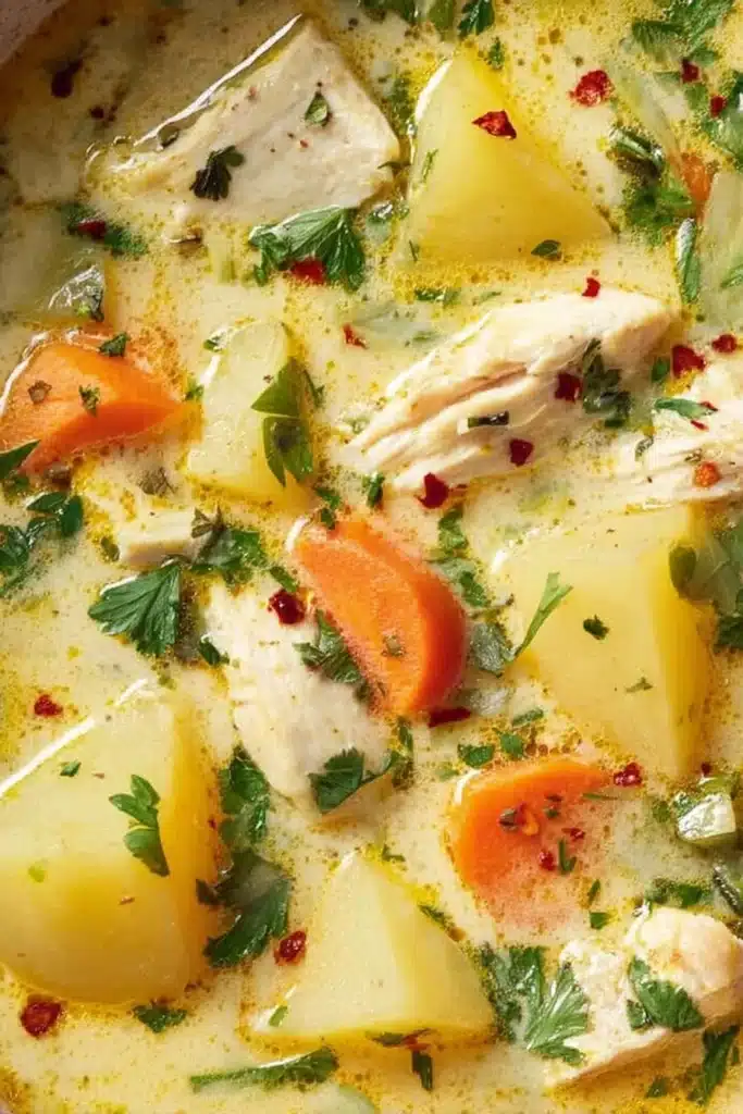 Creamy comforting chicken soup with potatoes and carrots in a red bowl