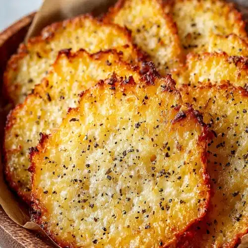 Crispy golden-brown cottage cheese chips in a wooden bowl with parchment paper