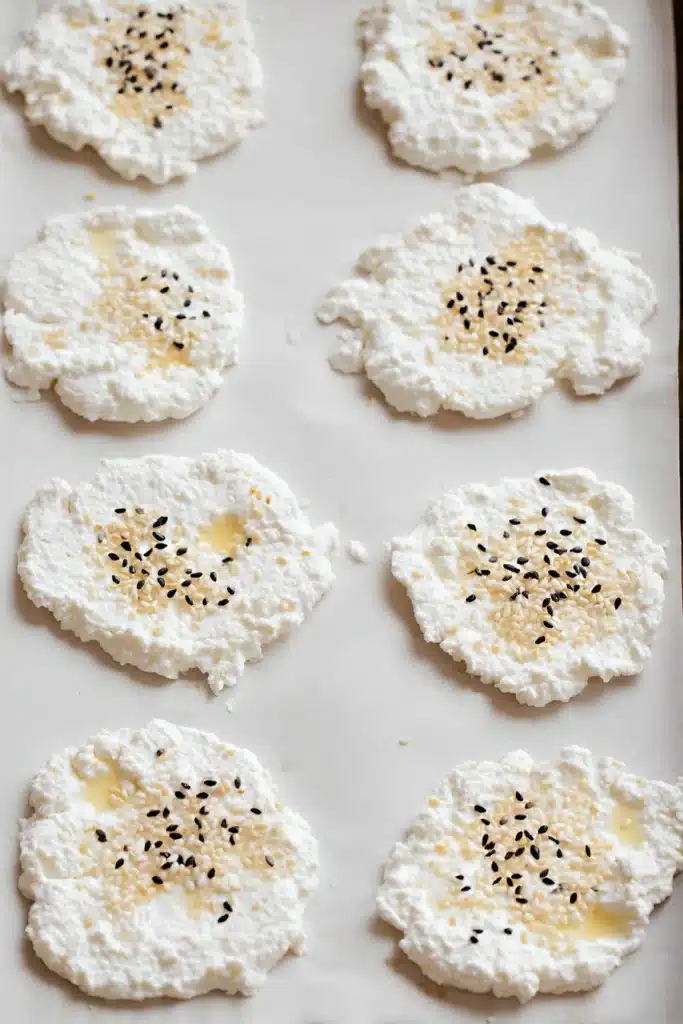 Unbaked cottage cheese chips with sesame seeds on parchment paper